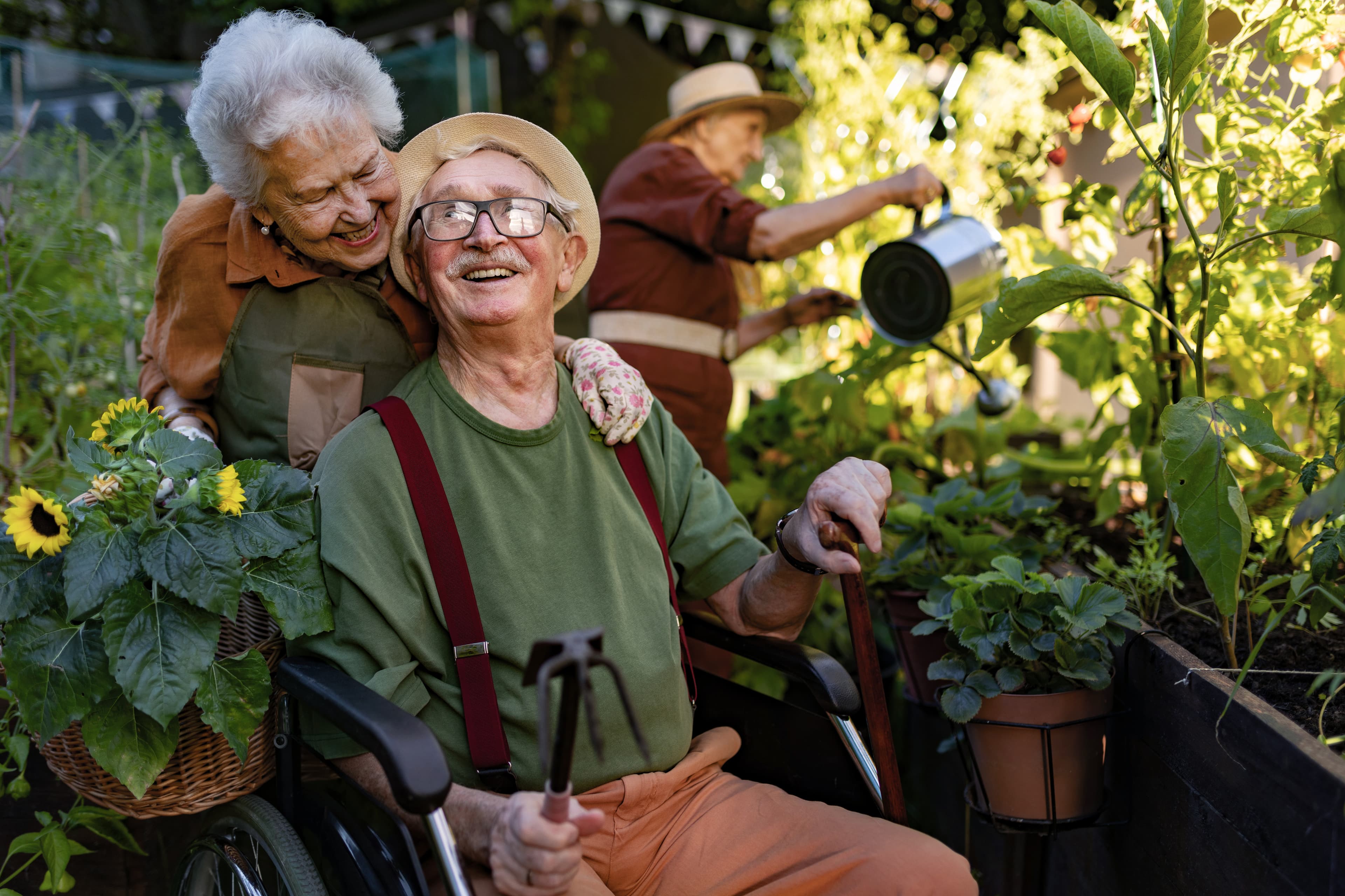 Three older participants tending a sunlit vegetable garden — one in a wheelchair holding a basket of sunflowers, another leaning in to share a moment, a third watering plants in the background.